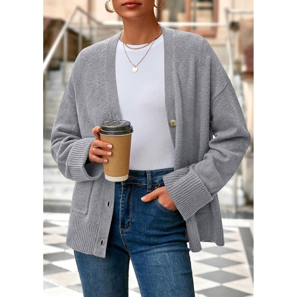 Women's Chunky Knit Oversized Cardigan V Neck Button Fall Winter - Picture 5 of 8